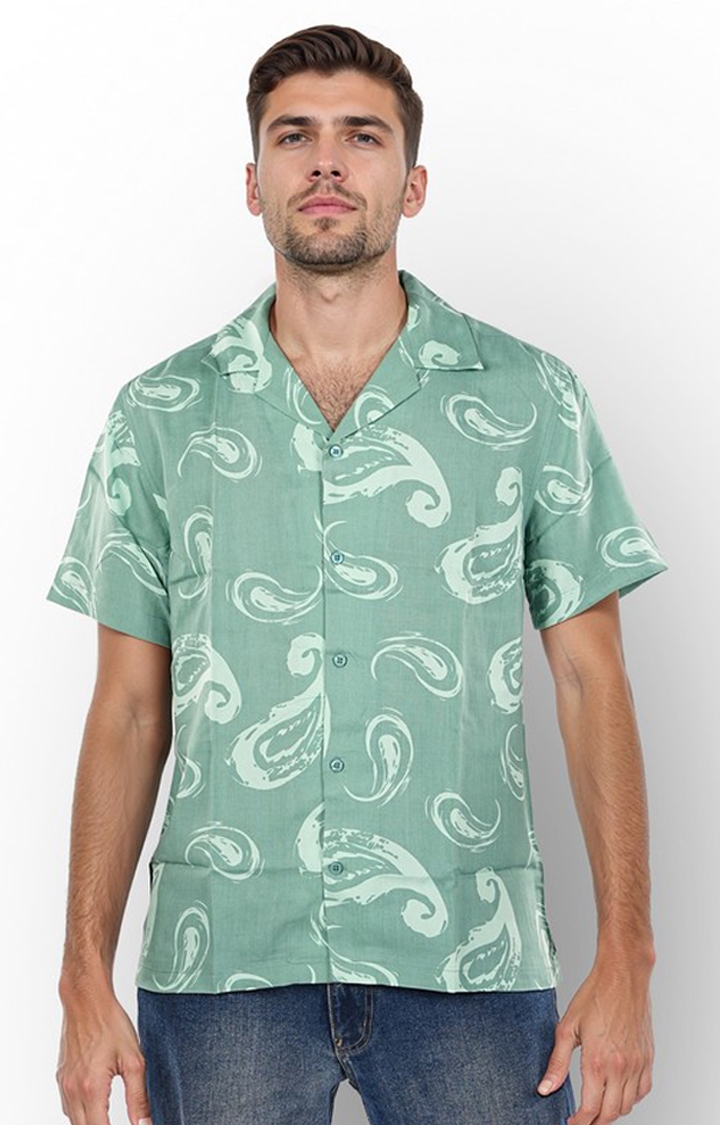 celio | Celio Men Green Printed Regular Fit Viscose Rayon Soft Touch Shirts