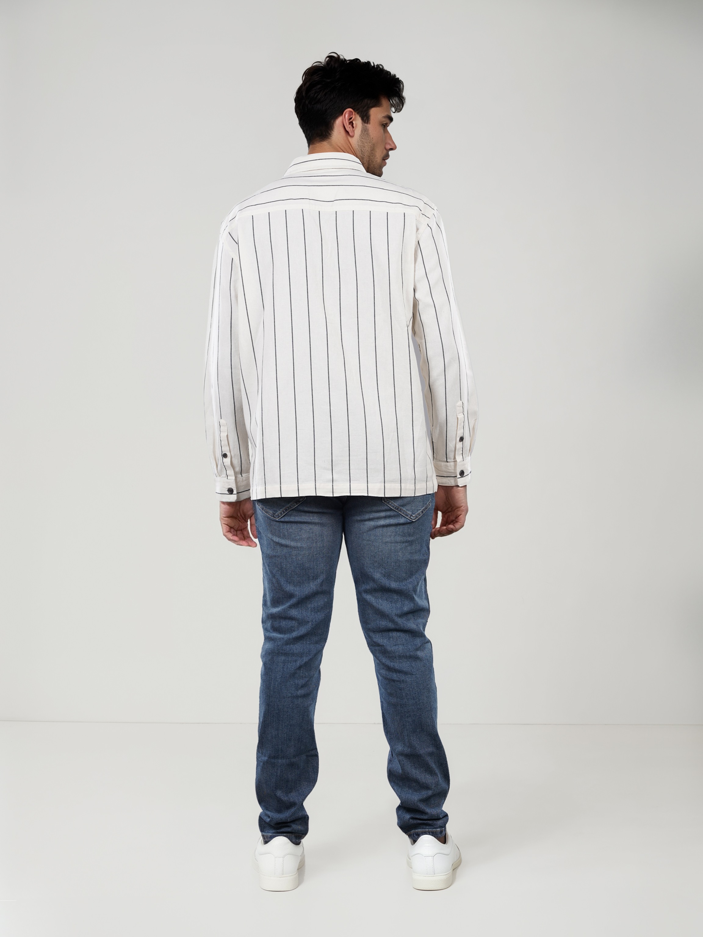 Celio Men Off White Striped Regular Fit Cotton Overshirt