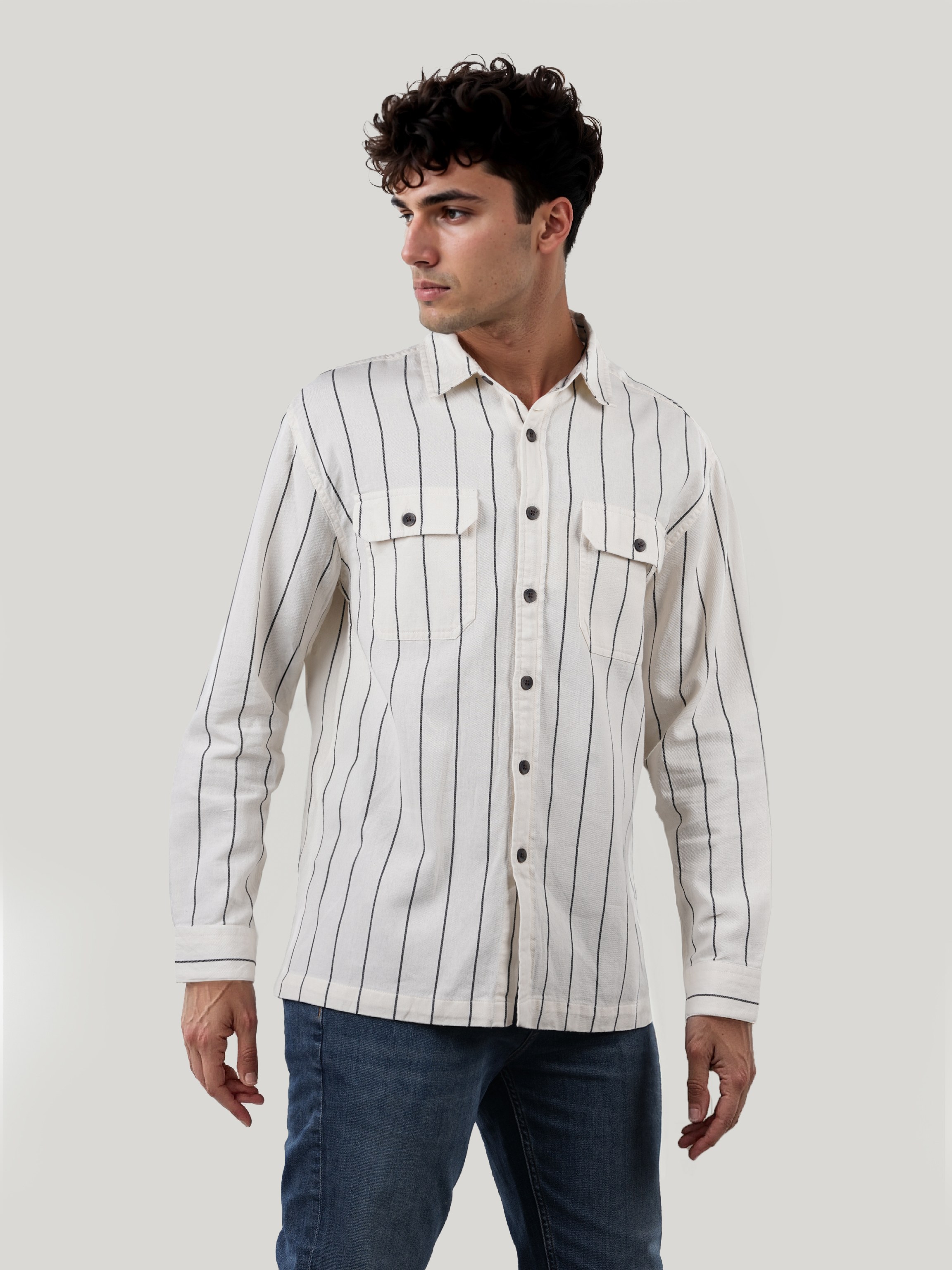 Celio Men Off White Striped Regular Fit Cotton Overshirt