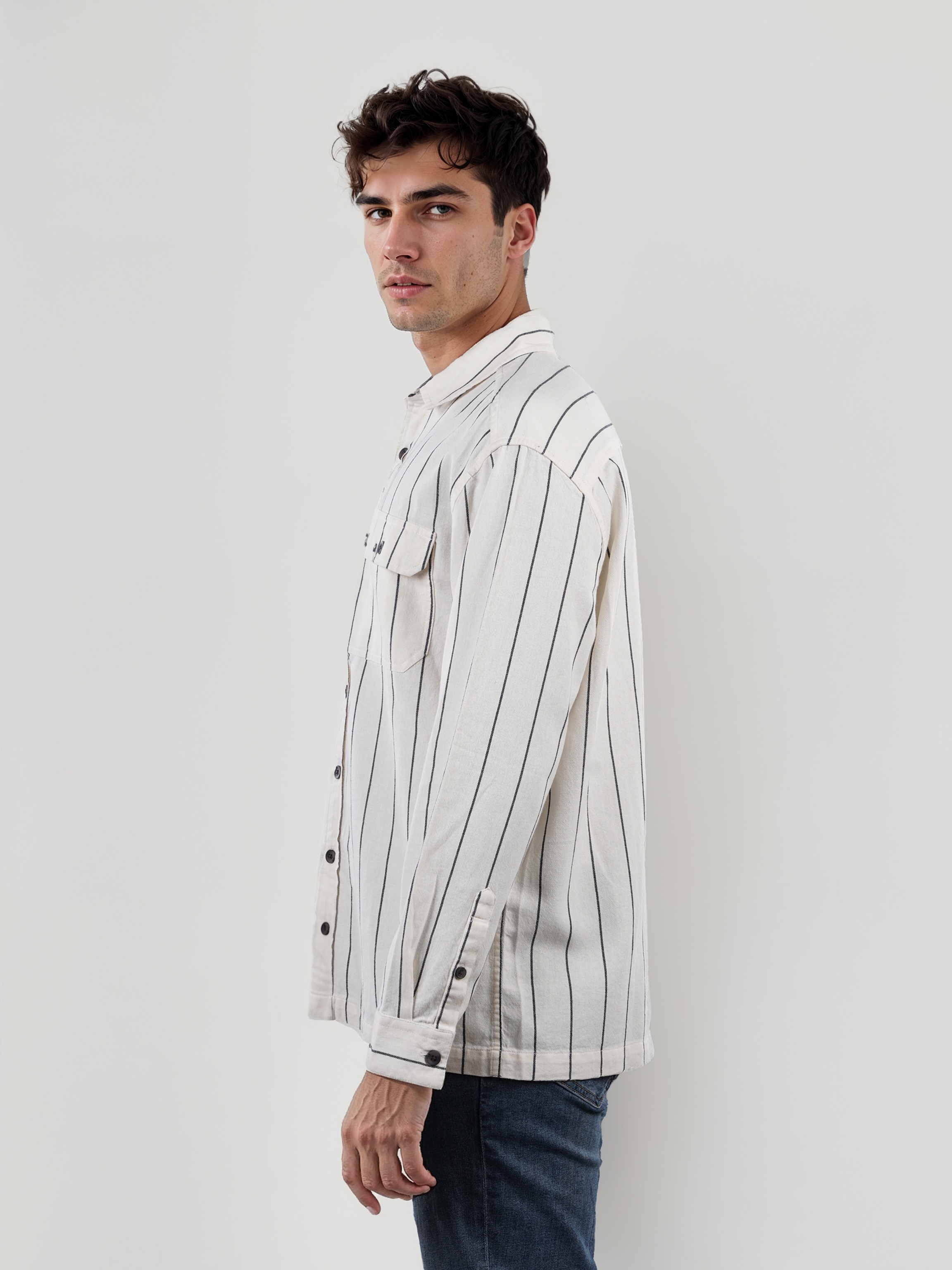 Celio Men Off White Striped Regular Fit Cotton Overshirt