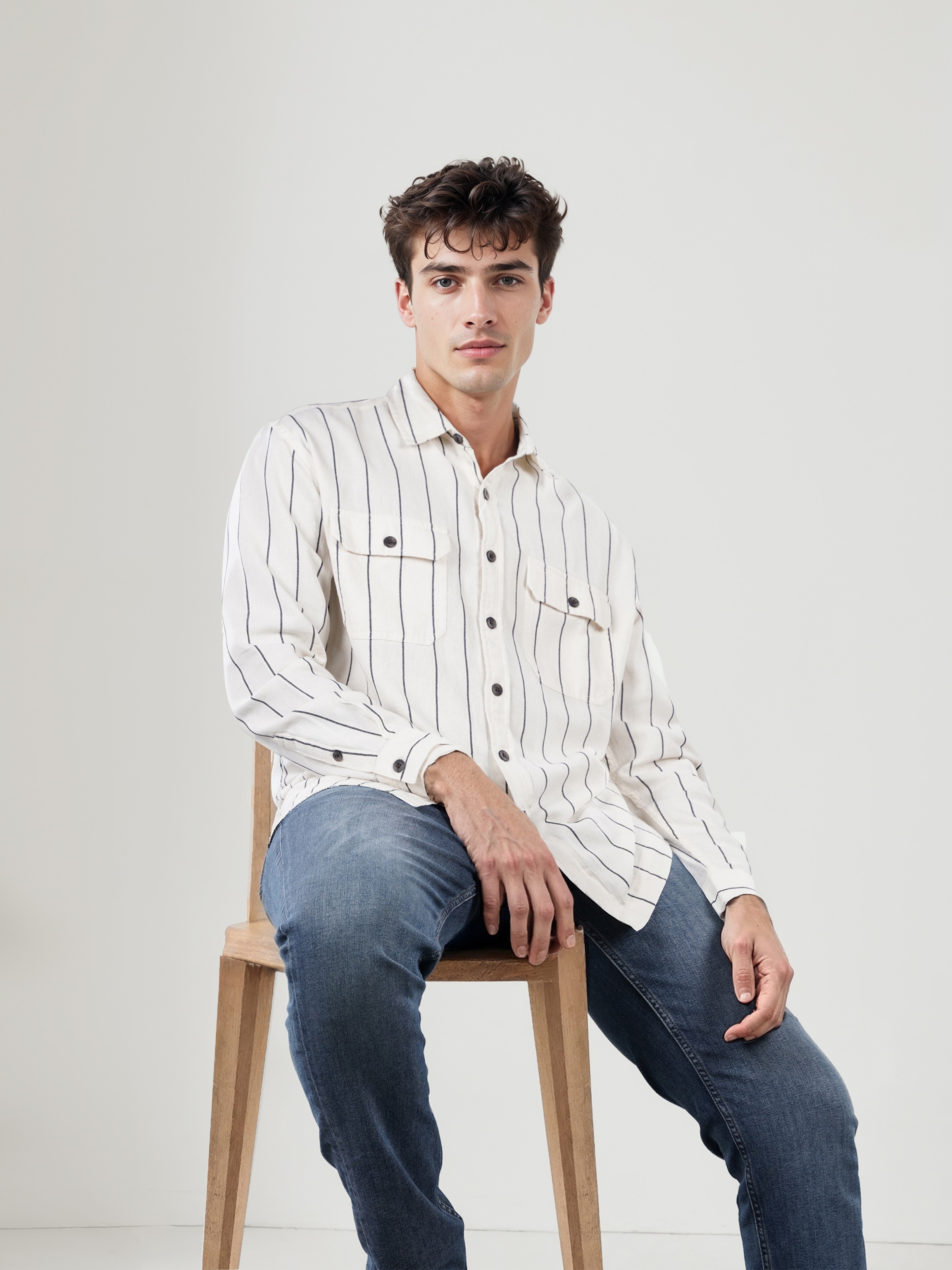 Celio Men Off White Striped Regular Fit Cotton Overshirt
