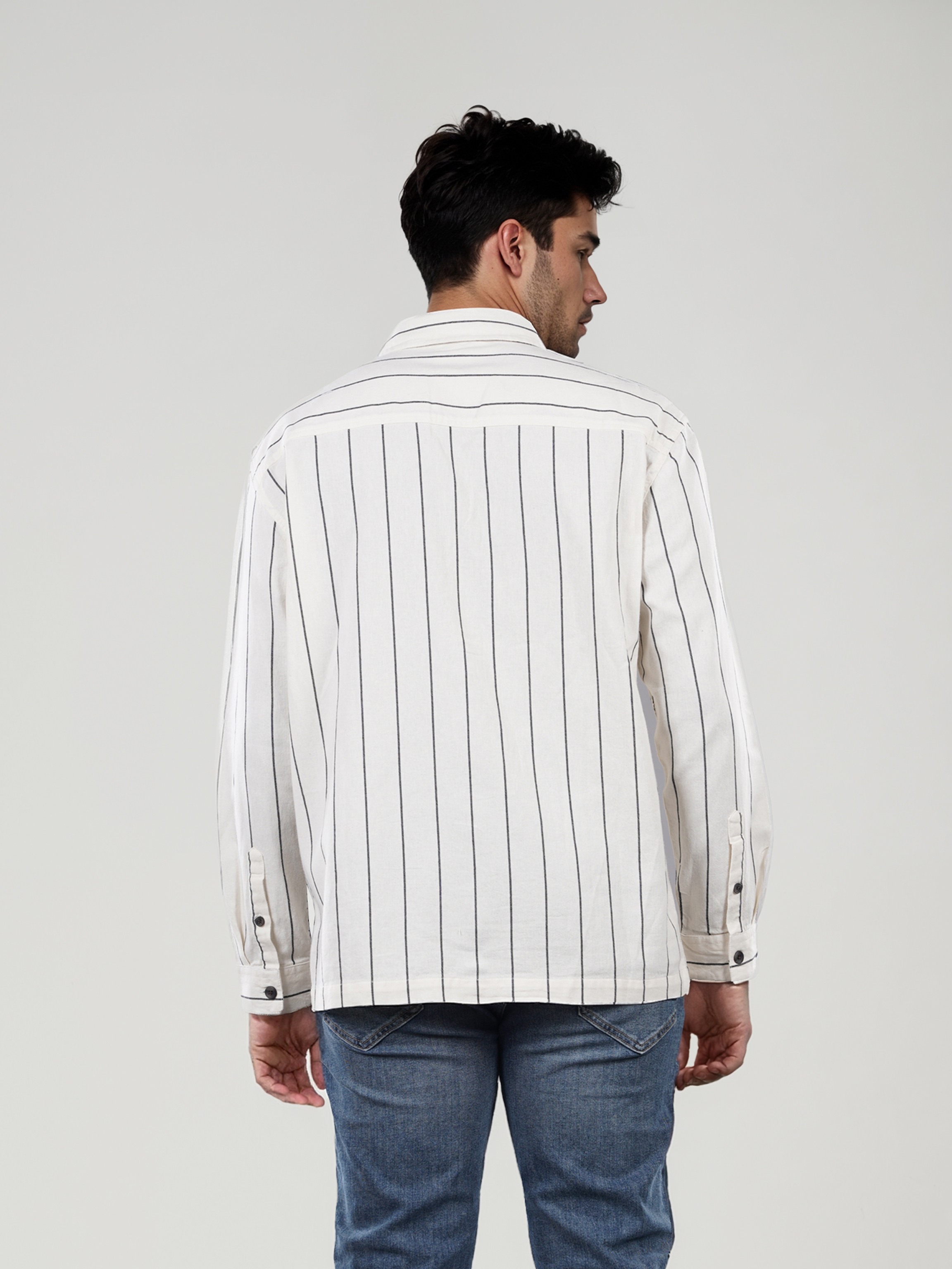 Celio Men Off White Striped Regular Fit Cotton Overshirt