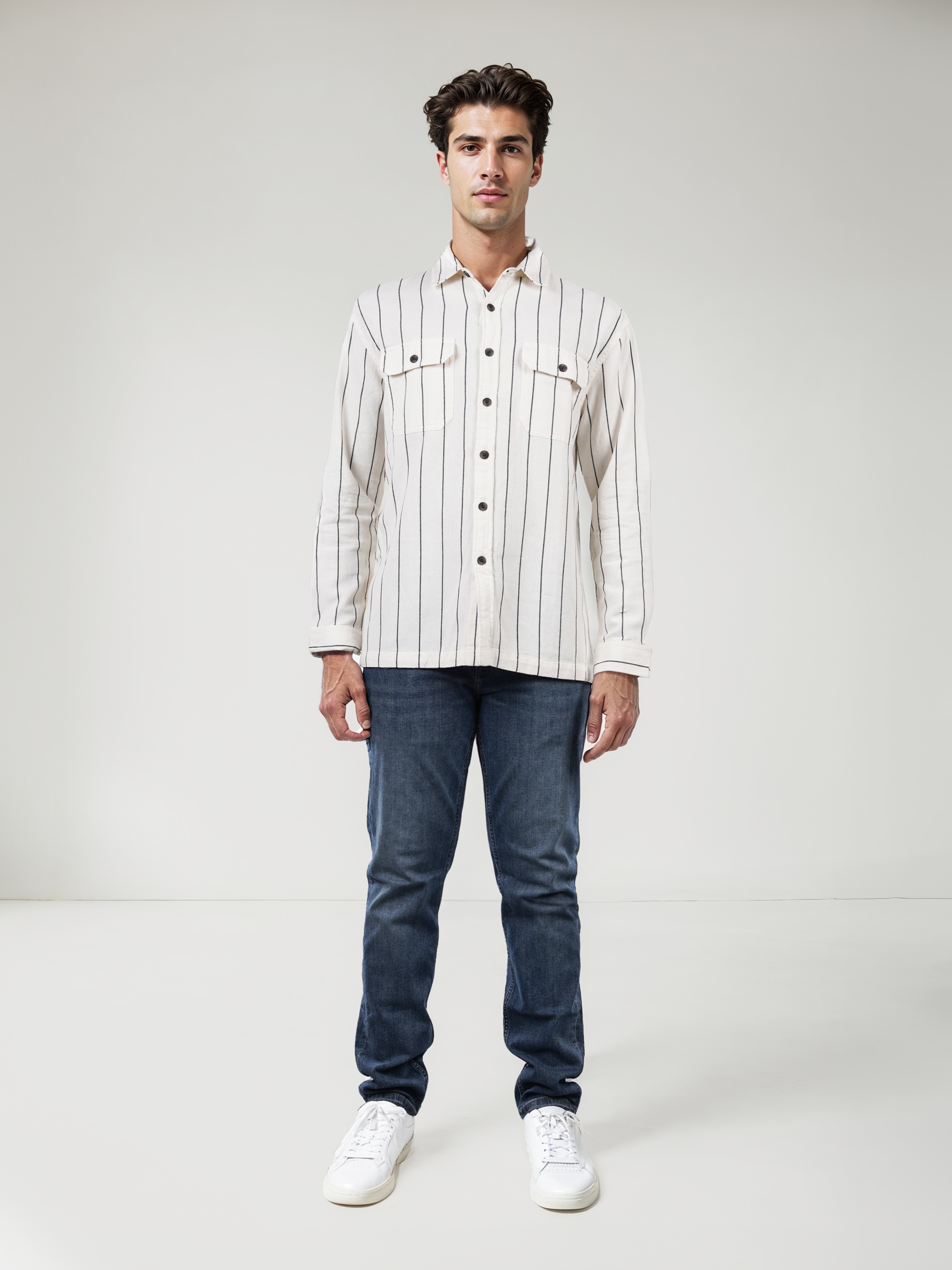 Celio Men Off White Striped Regular Fit Cotton Overshirt