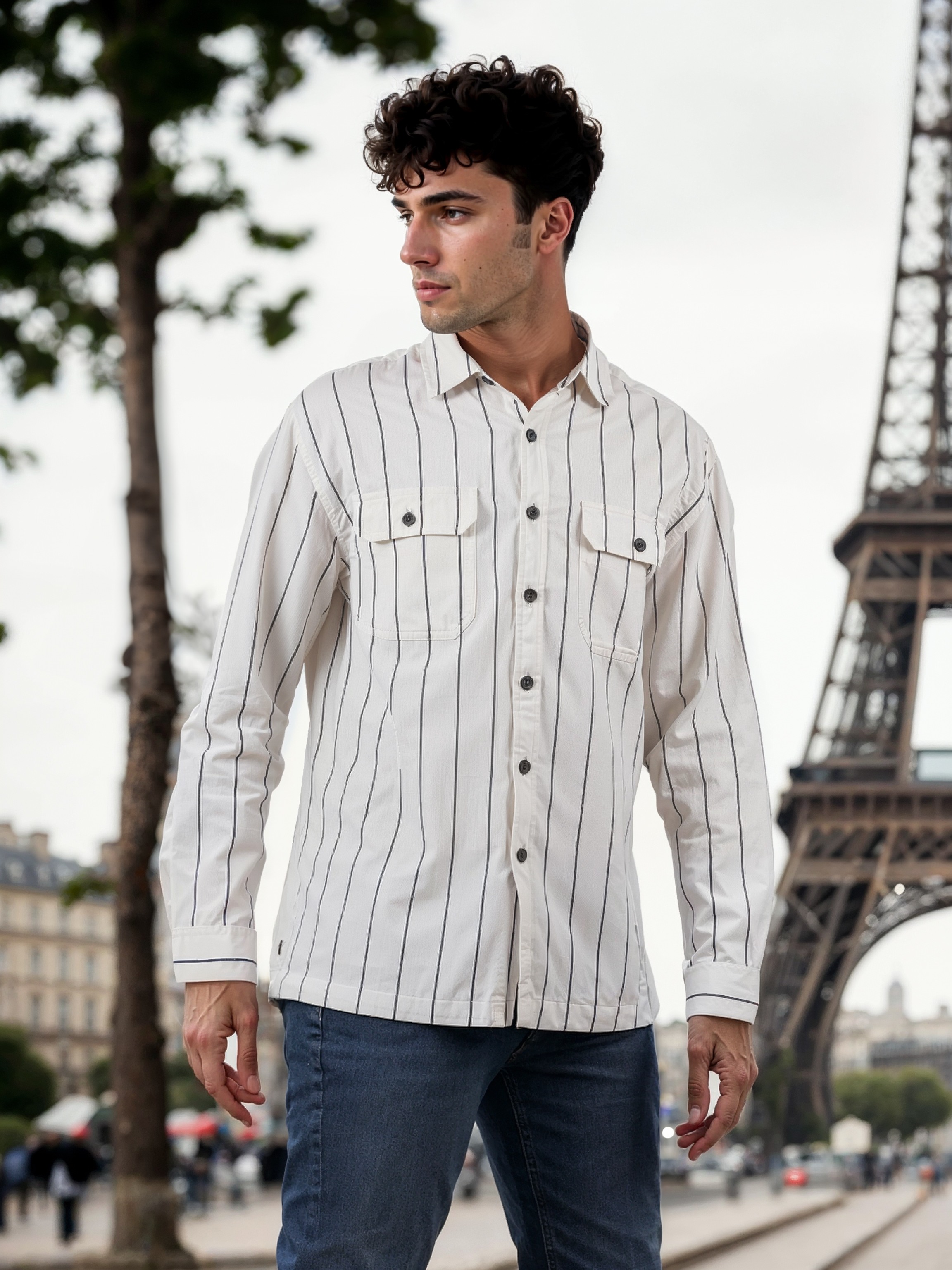 Celio Men Off White Striped Regular Fit Cotton Overshirt