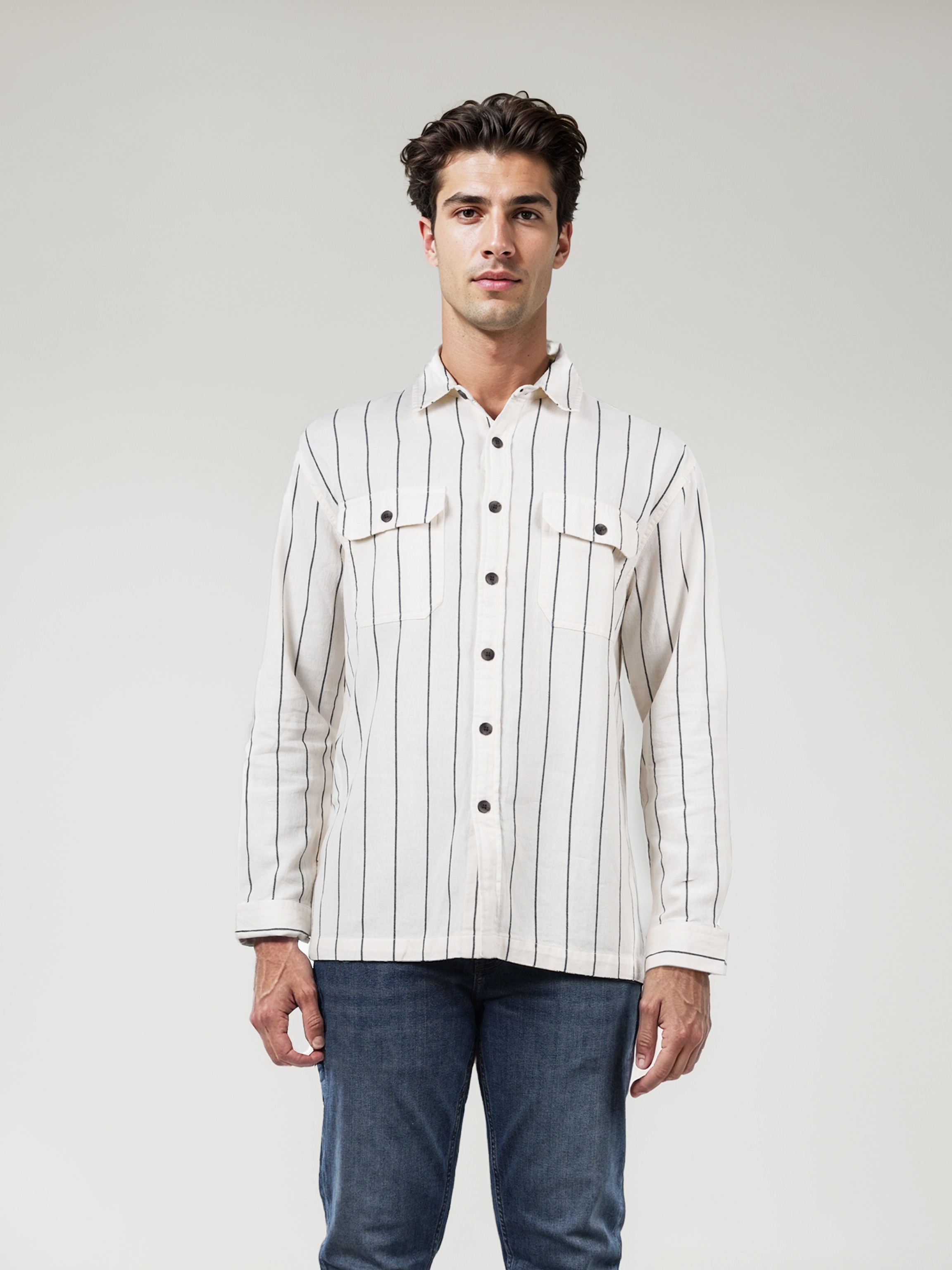 Celio Men Off White Striped Regular Fit Cotton Overshirt
