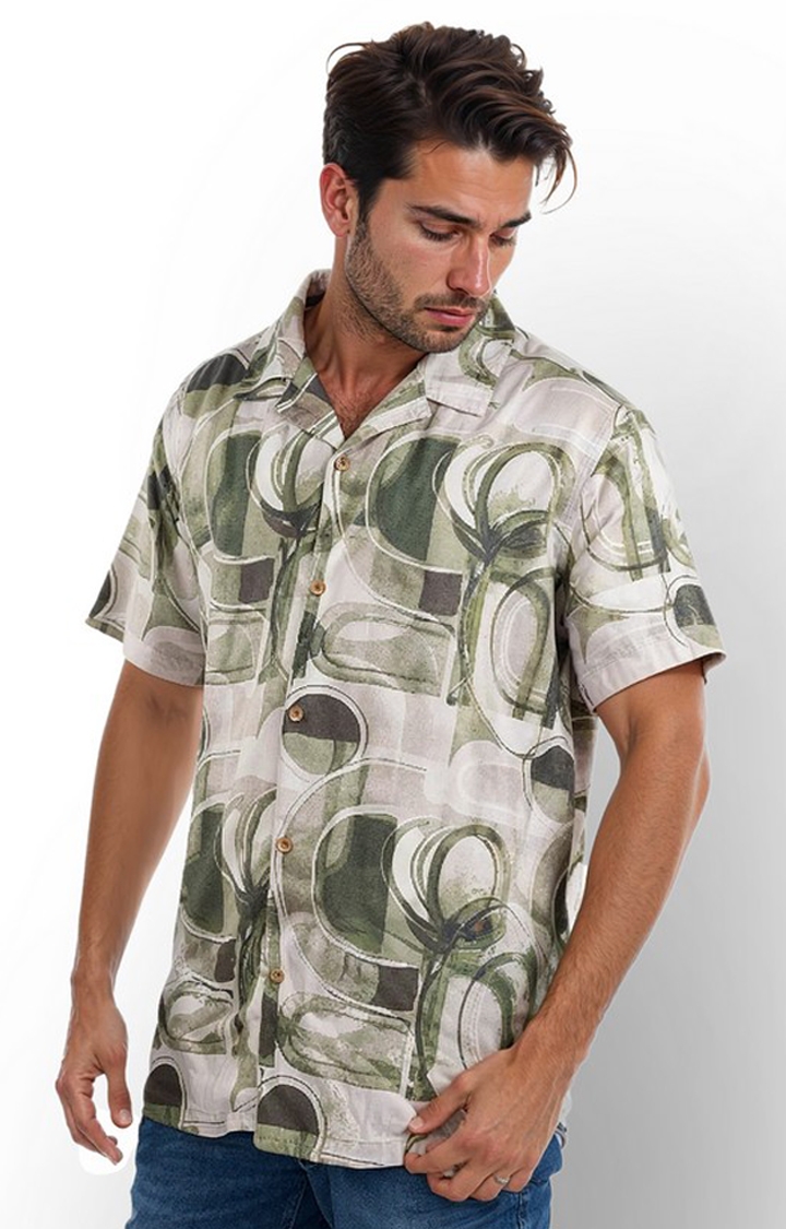 celio | Celio Men Olive Printed Regular Fit Viscose Rayon Soft Touch Shirt