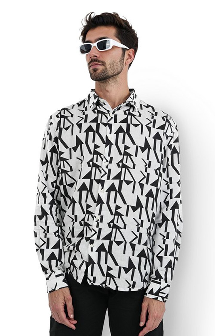 Celio Men White Printed Regular Fit Linen Linen Shirt
