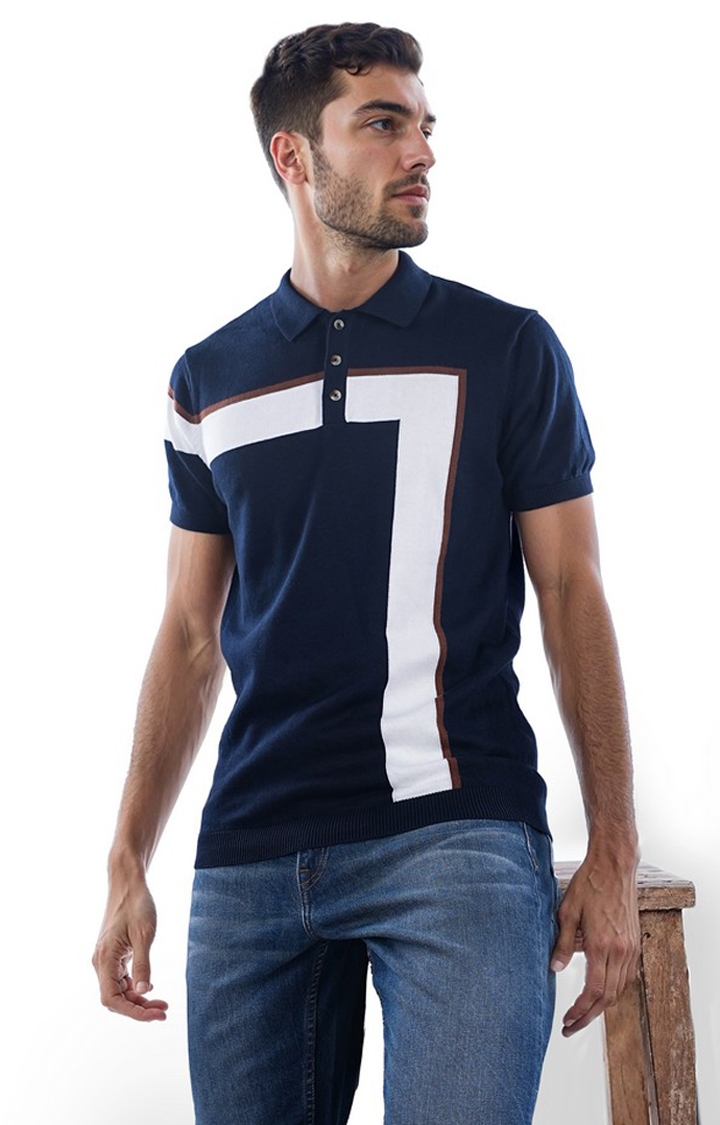 celio | Celio Men Navy Blue Colourblocked Regular Fit Cotton Flat Knit Tshirts