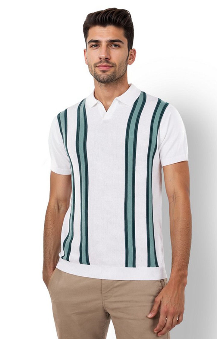 Celio Men White Striped Regular Fit Cotton Flat Knit Tshirts