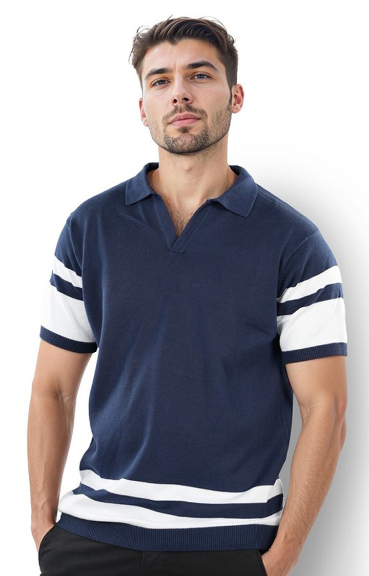 Celio Men Blue Striped Regular Fit Cotton Flat Knit Tshirts