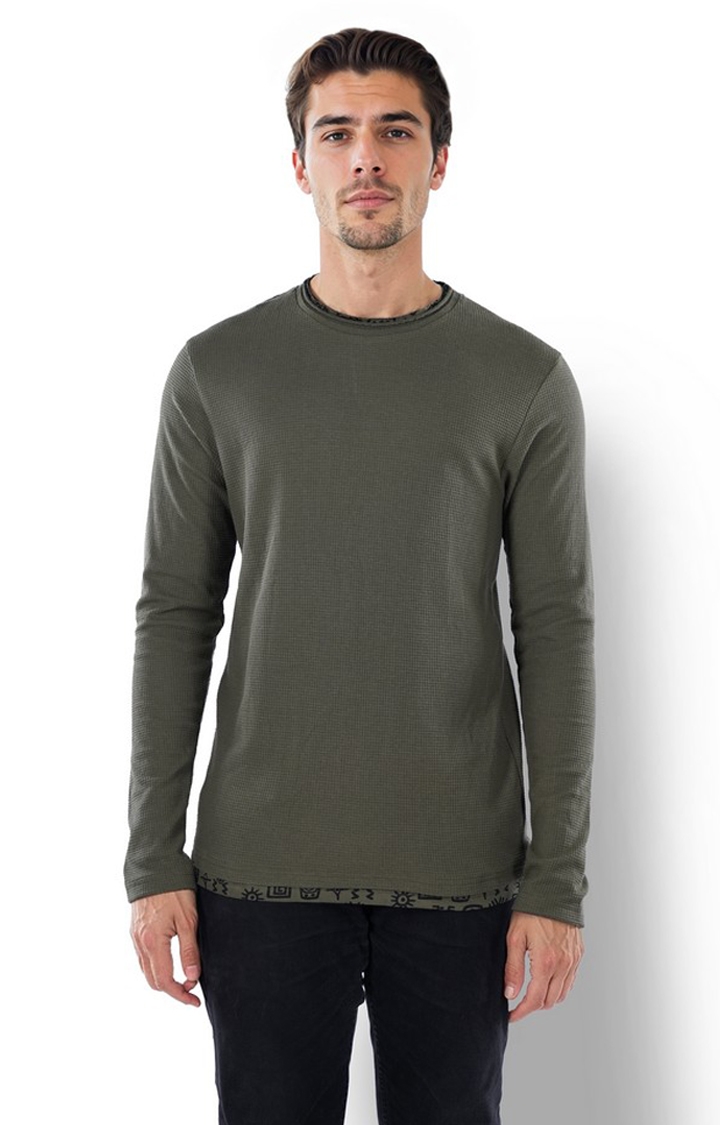 celio | Celio Men Olive Solid Regular Fit Cotton Long Sleeves Tshirts