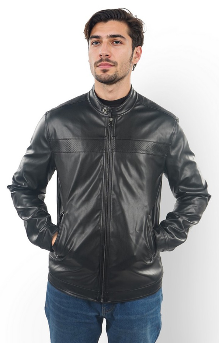 Celio Men Black Solid Regular Fit Polyester Biker Jacket