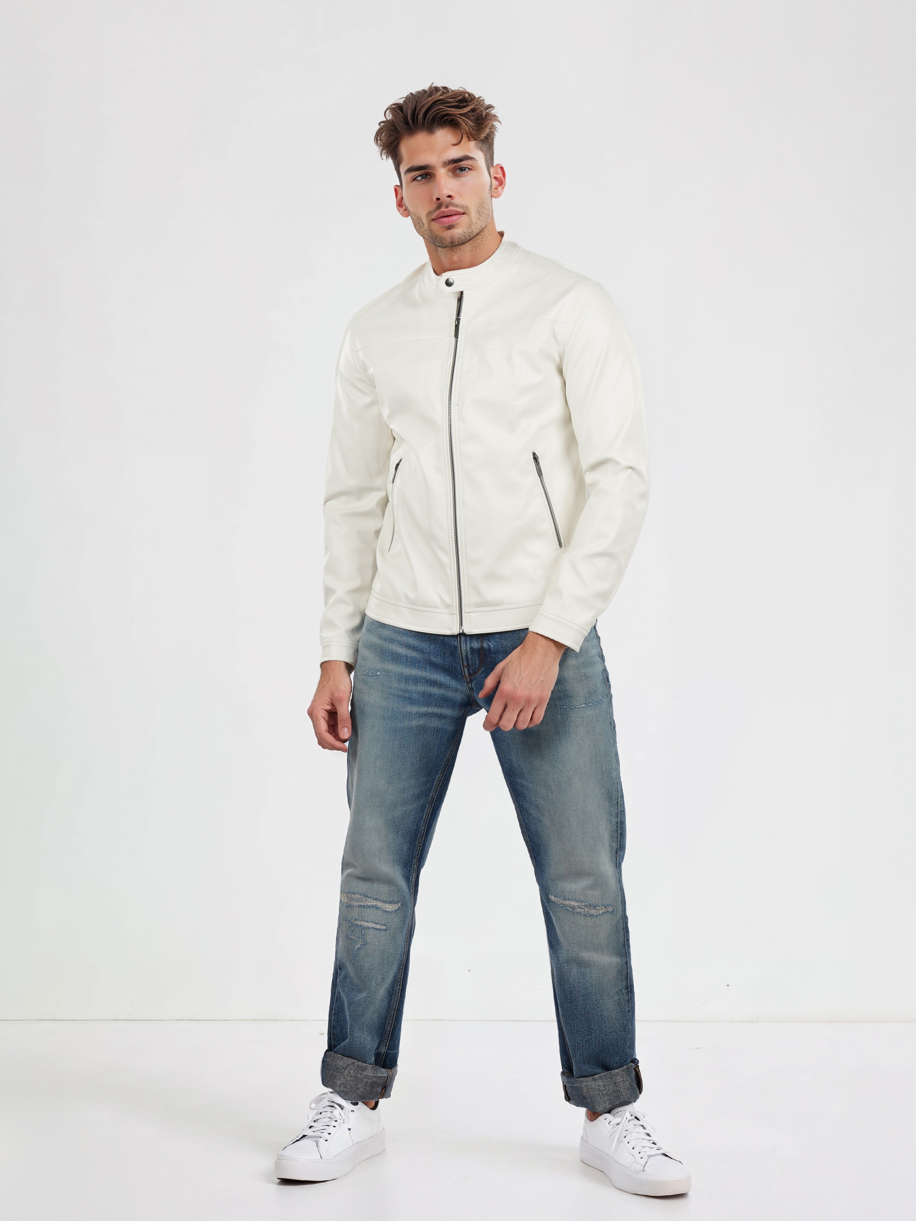Celio Men White Solid Regular Fit PU Biker Jacket
