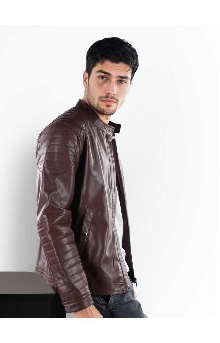 Celio Men Brown Solid Regular Fit Polyamide Biker Jacket