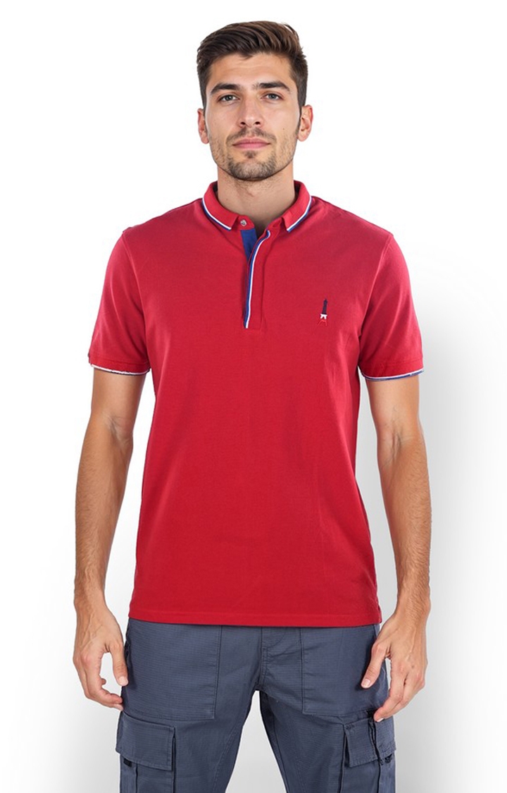 celio | Celio Men Red Solid Regular Fit Cotton Basic Polo Tshirts