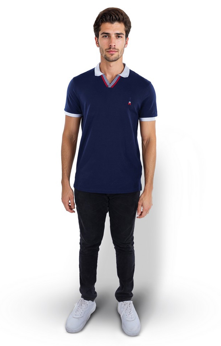 celio | Celio Men Navy Blue Solid Regular Fit Cotton Basic Polo Tshirts