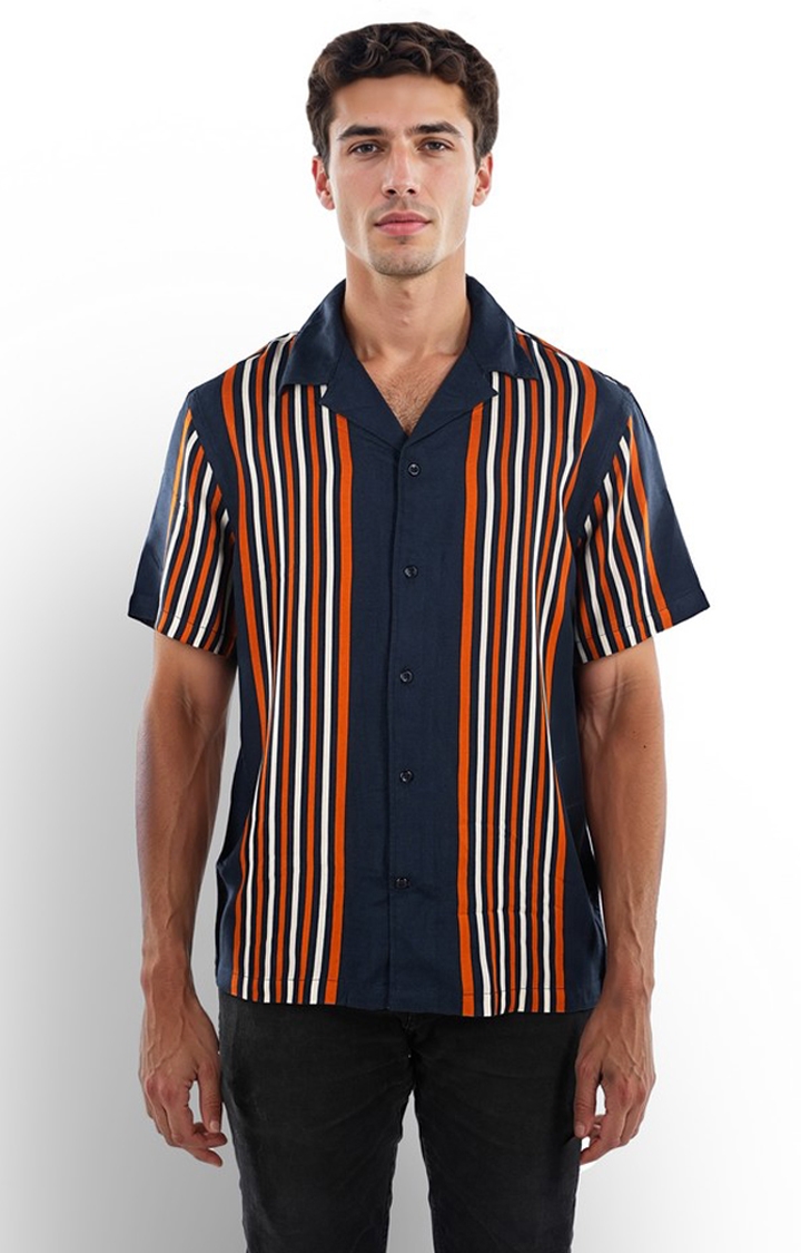 celio | Celio Men Navy Blue Striped Regular Fit Viscose Rayon Soft Touch Shirts