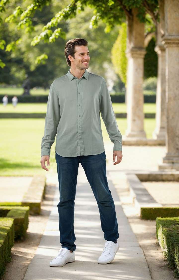 Celio Men Green Solid Regular Fit Linen Shirts