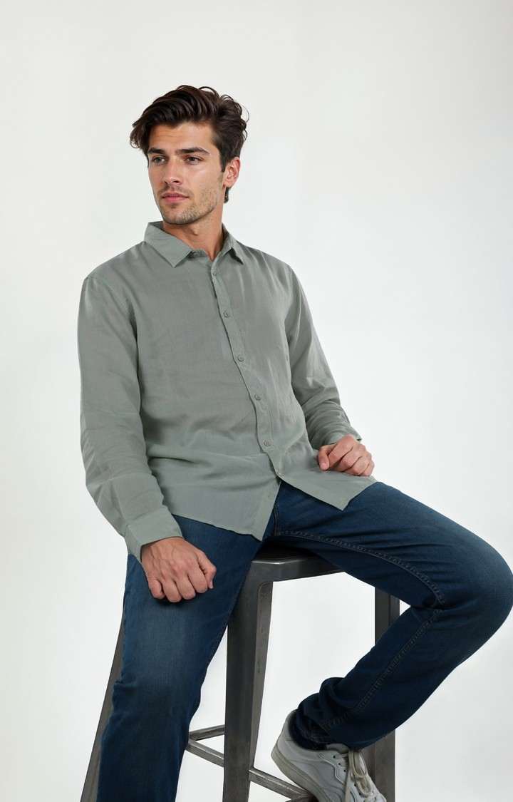 Celio Men Green Solid Regular Fit Linen Shirts