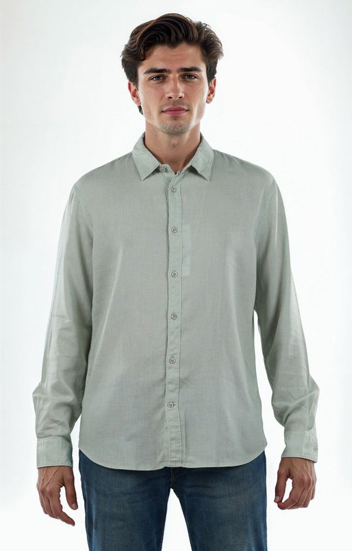 Celio Men Green Solid Regular Fit Linen Shirts