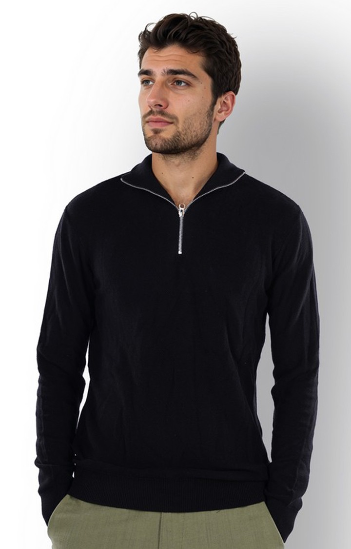 Celio Men Black Solid Regular Cotton Sweaters