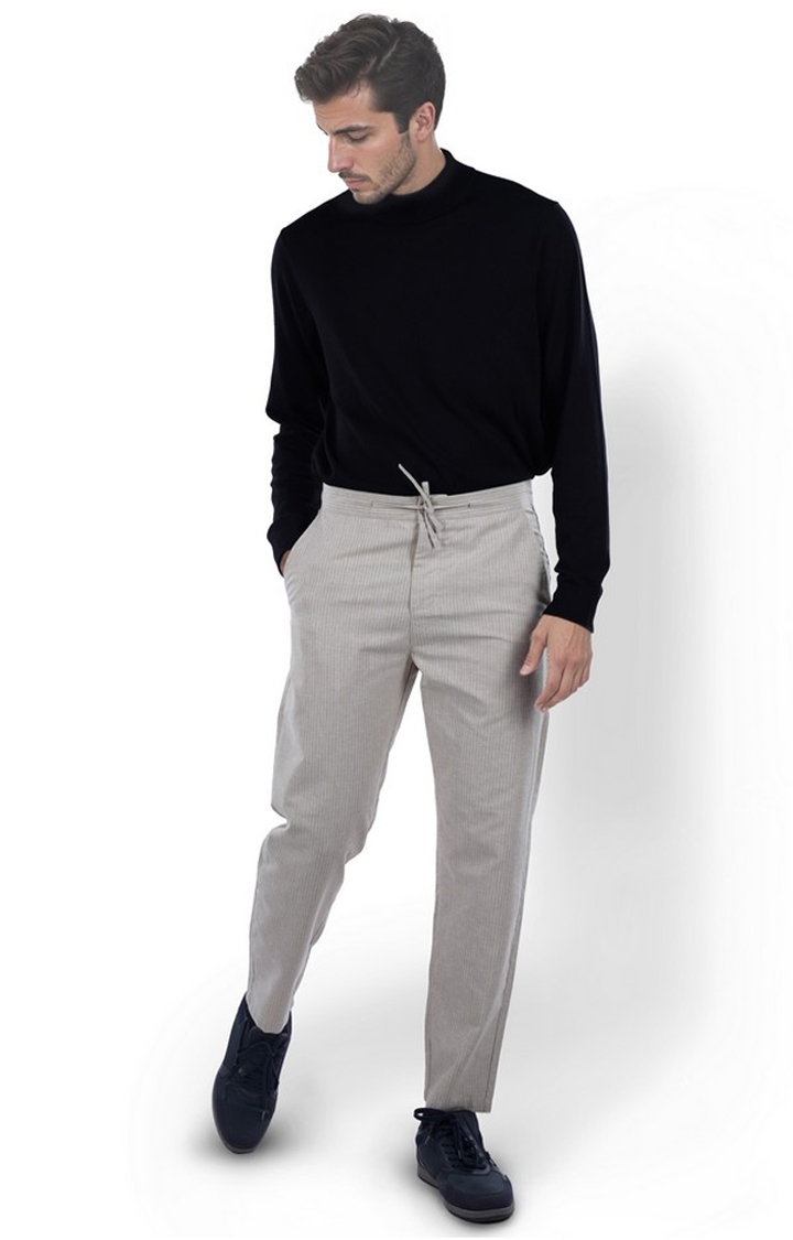 celio | Celio Men Beige Striped Slim Fit Polyester Fashion Trousers