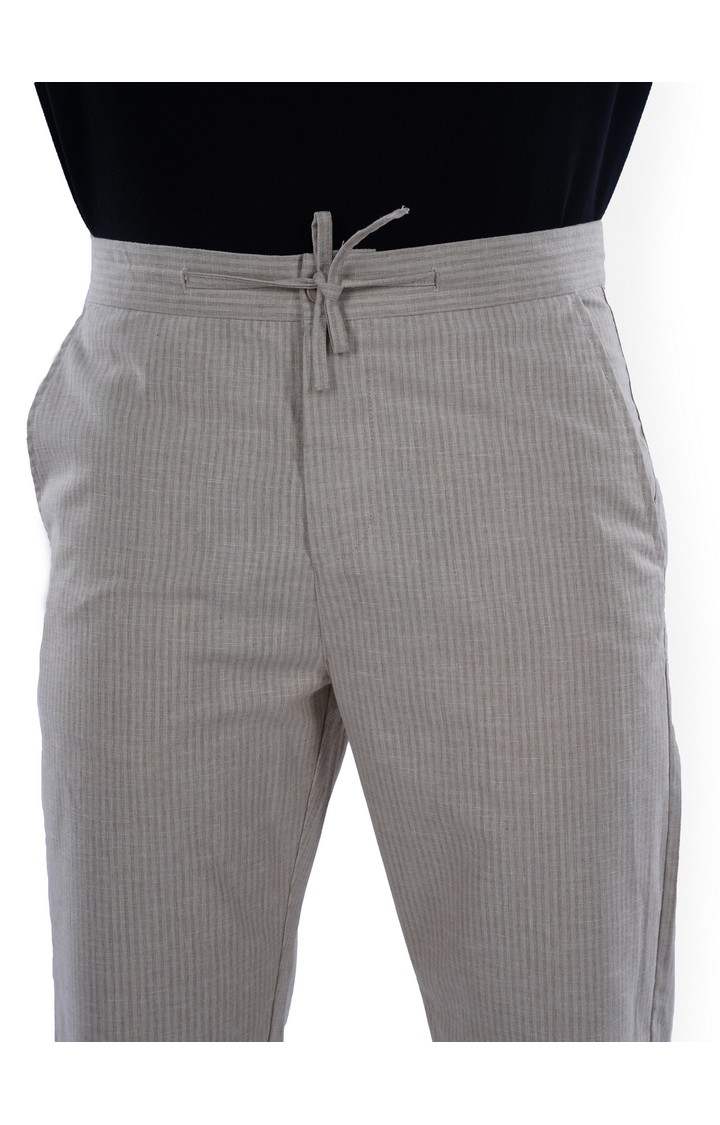 Celio Men Beige Striped Slim Fit Polyester Fashion Trousers
