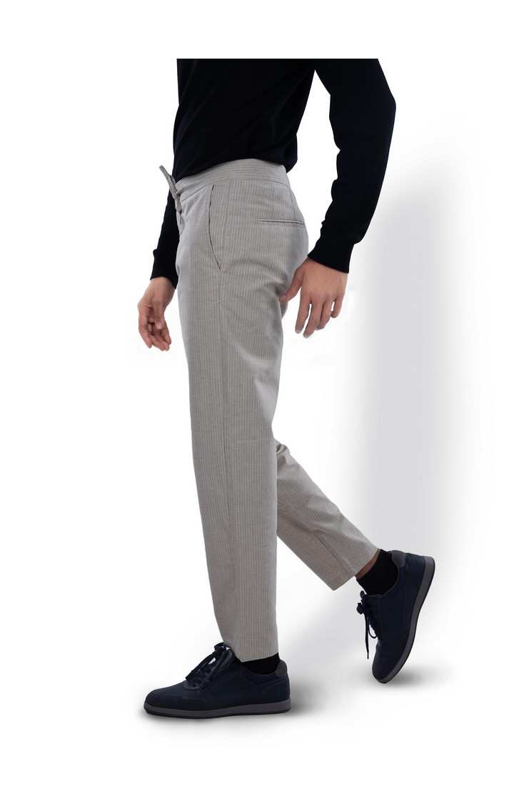 Celio Men Beige Striped Slim Fit Polyester Fashion Trousers