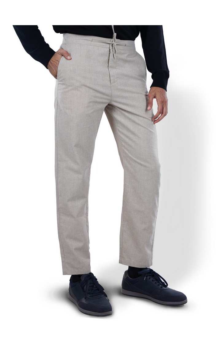 Celio Men Beige Striped Slim Fit Polyester Fashion Trousers