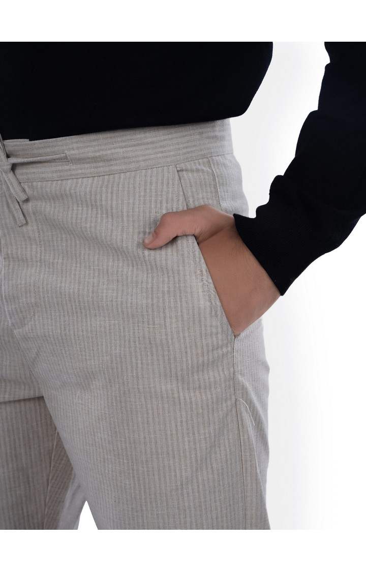 Celio Men Beige Striped Slim Fit Polyester Fashion Trousers