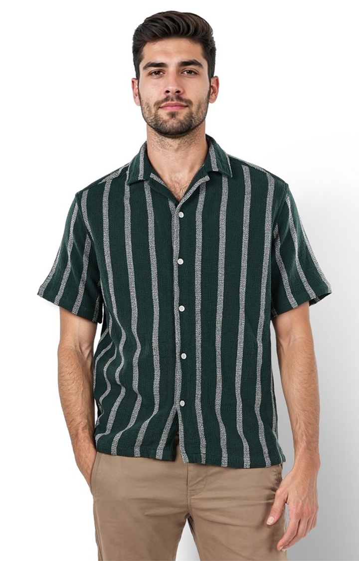 celio | Celio Men Green Striped Regular Fit Cotton Casual Shirts