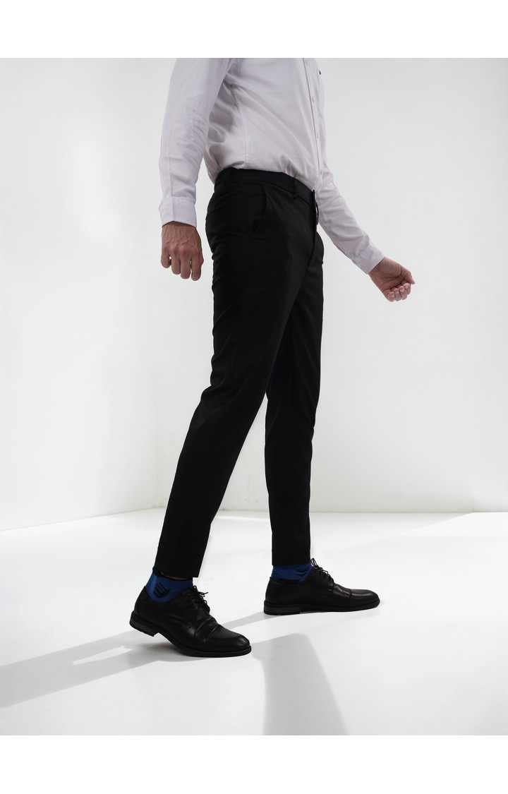 Celio Men Black Solid Regular Fit Polyester Formal Trousers