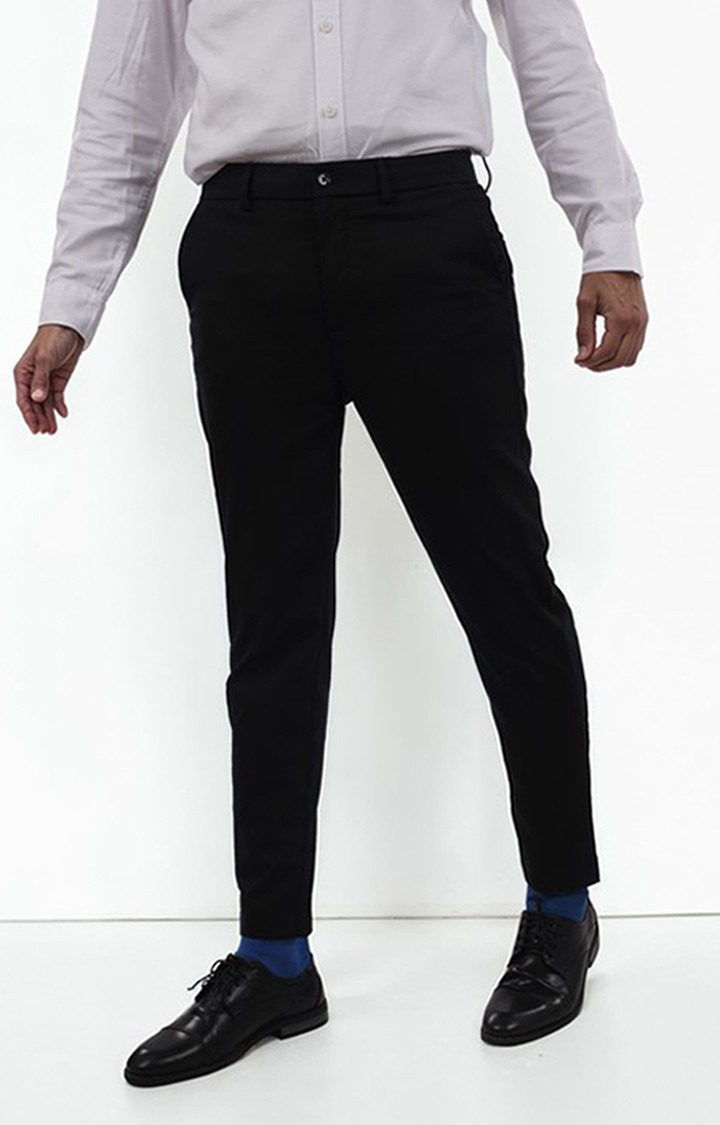 Celio Men Black Solid Regular Fit Polyester Formal Trousers