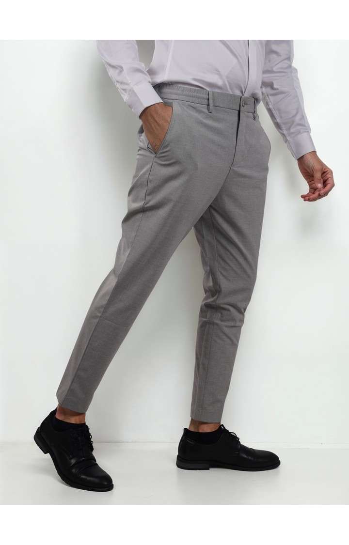 Celio Men Grey Solid Regular Fit Polyester Formal Trousers