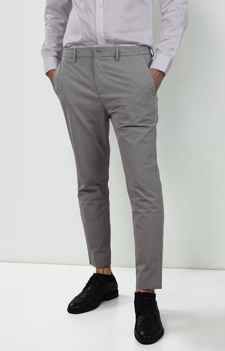 Celio Men Grey Solid Regular Fit Polyester Formal Trousers