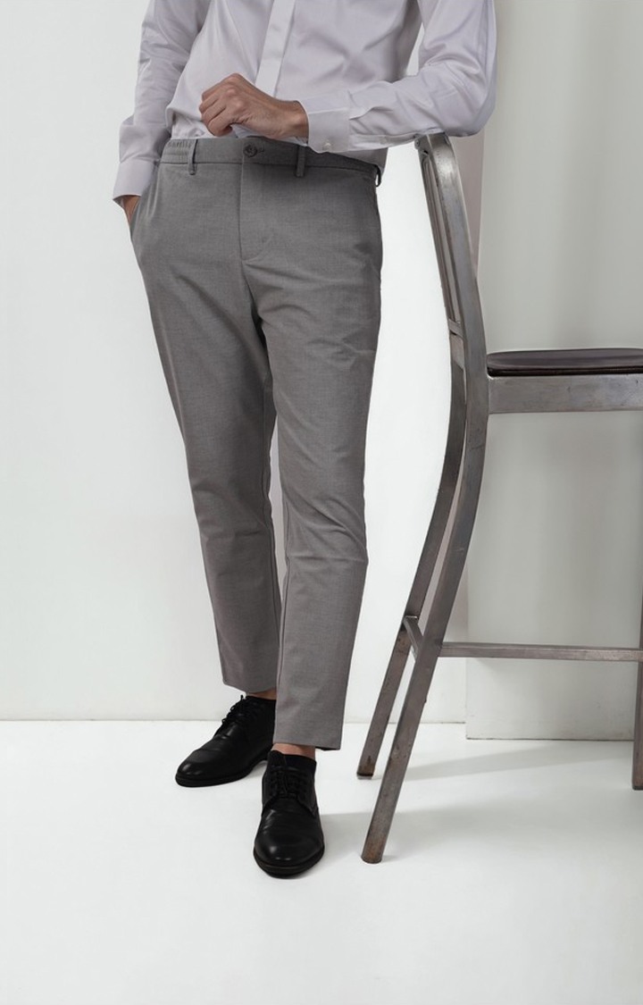 Celio Men Grey Solid Regular Fit Polyester Formal Trousers