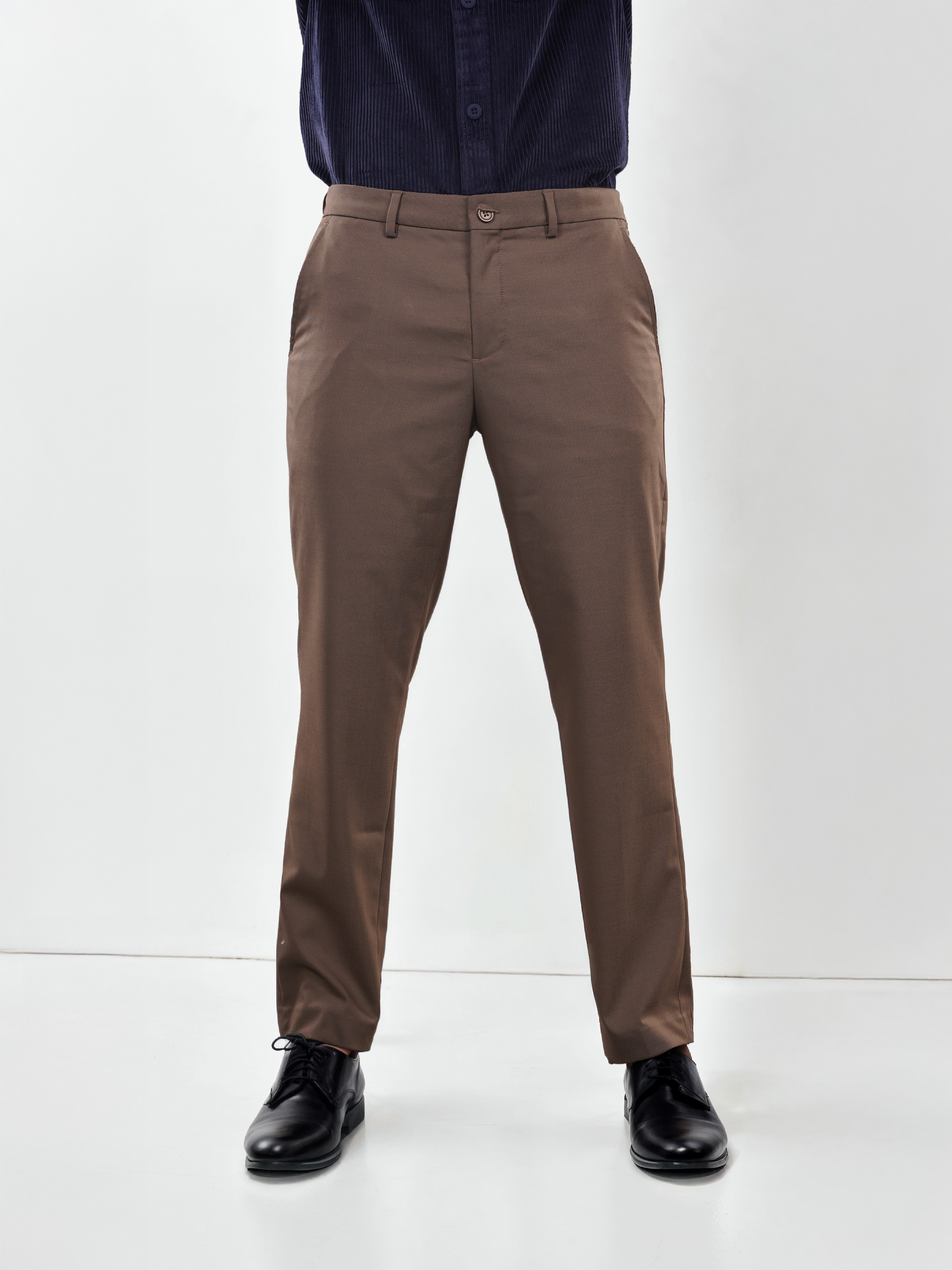 Celio Men Brown Solid Slim Fit Polyester Formal Trousers