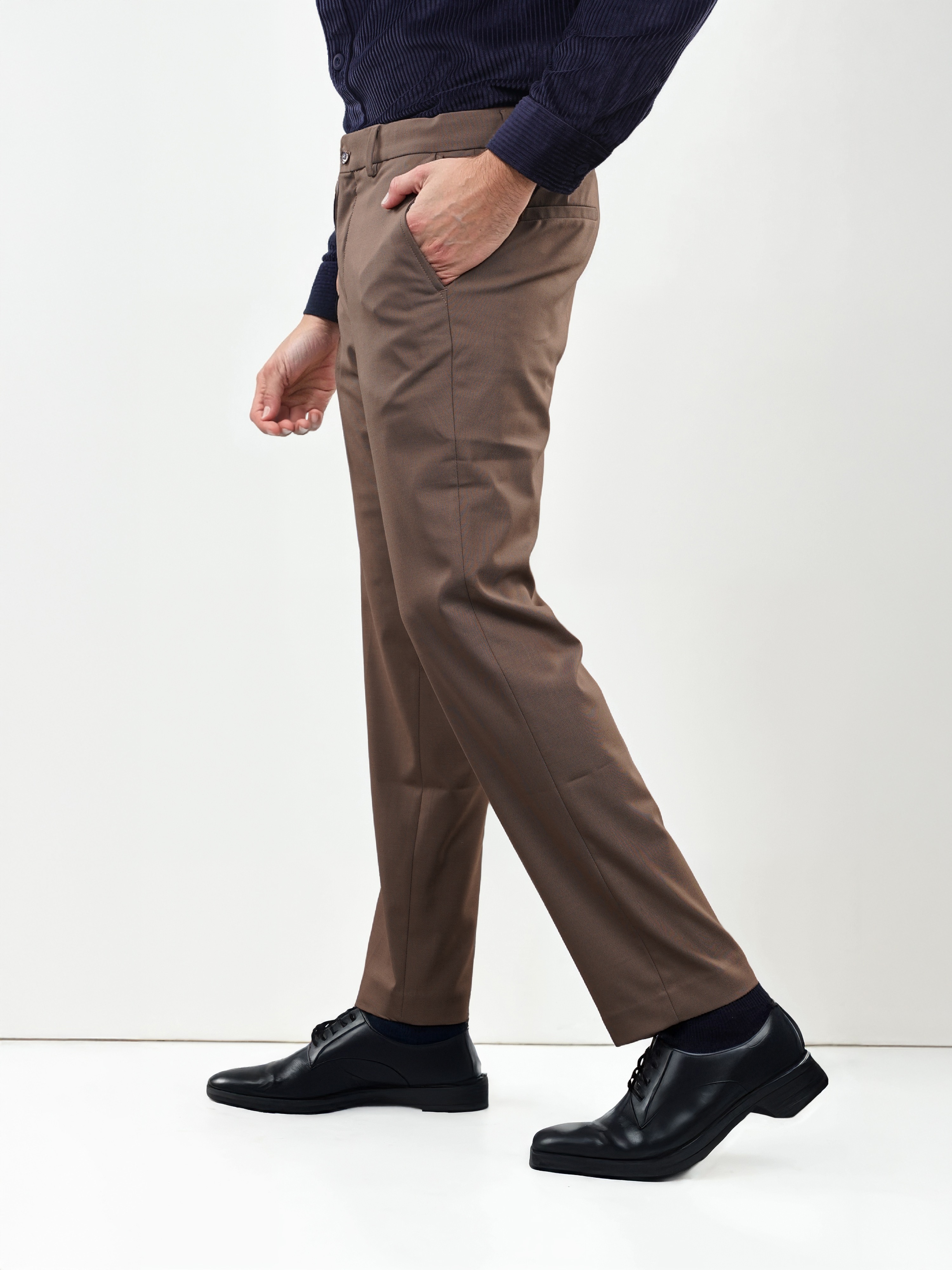 Celio Men Brown Solid Slim Fit Polyester Formal Trousers