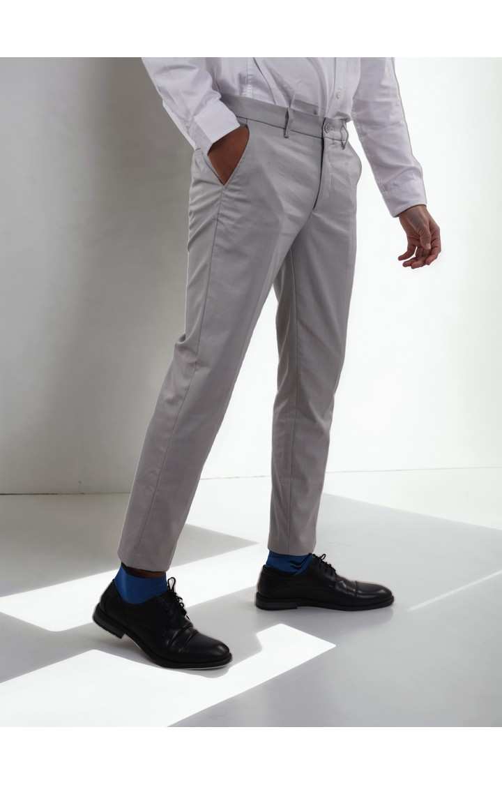 Celio Men Grey Solid Slim Fit Polyester Formal Trousers