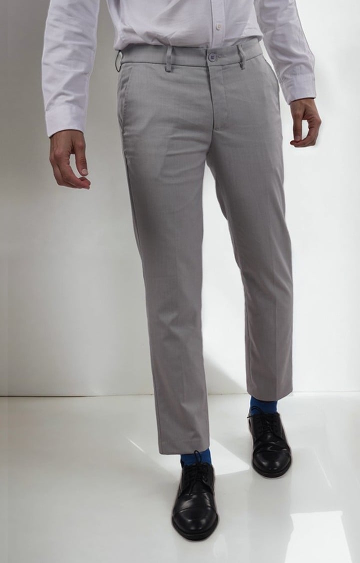 Celio Men Grey Solid Slim Fit Polyester Formal Trousers