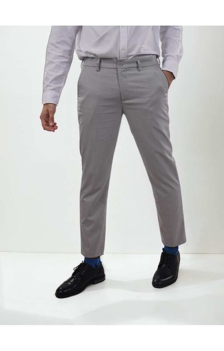 Celio Men Grey Solid Slim Fit Polyester Formal Trousers