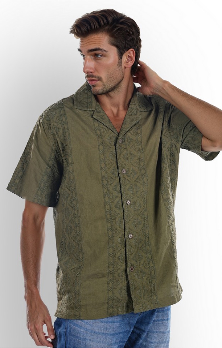 celio | Celio Men Green Printed Boxy Cotton Emb Shirts