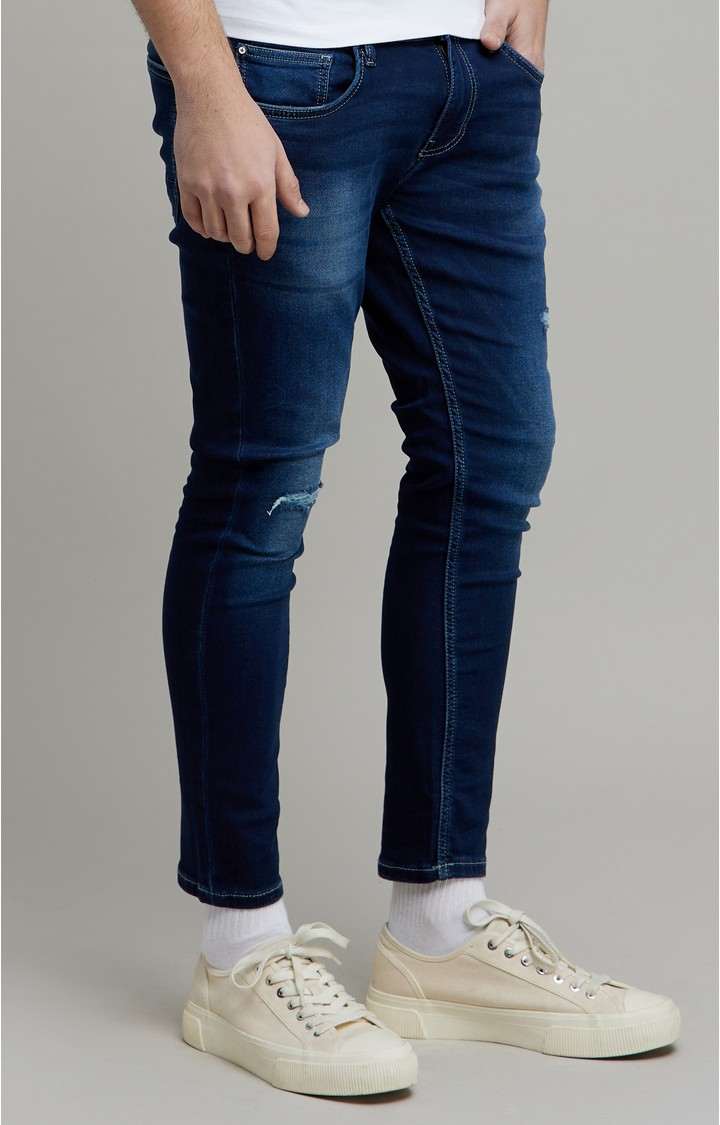 Men's Blue Polycotton Ripped Ripped Jeans