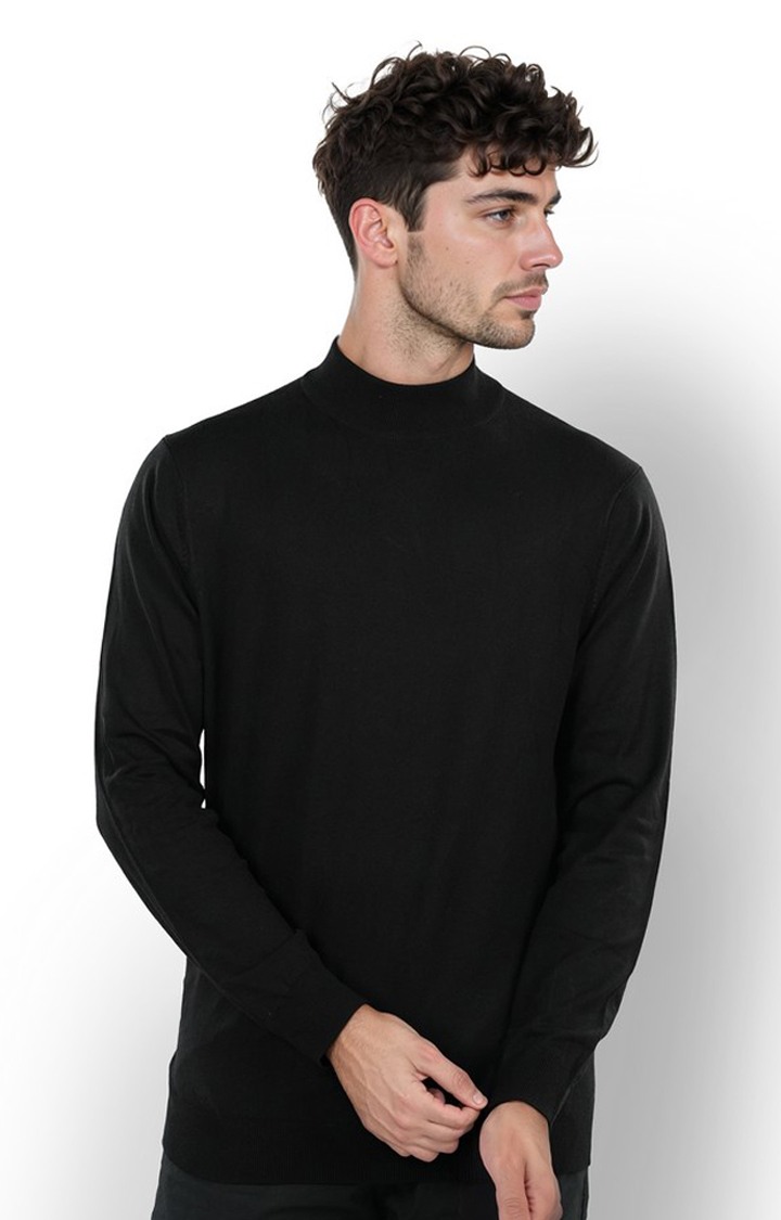Celio Men Black Solid Regular Fit Viscose Rayon Sweater