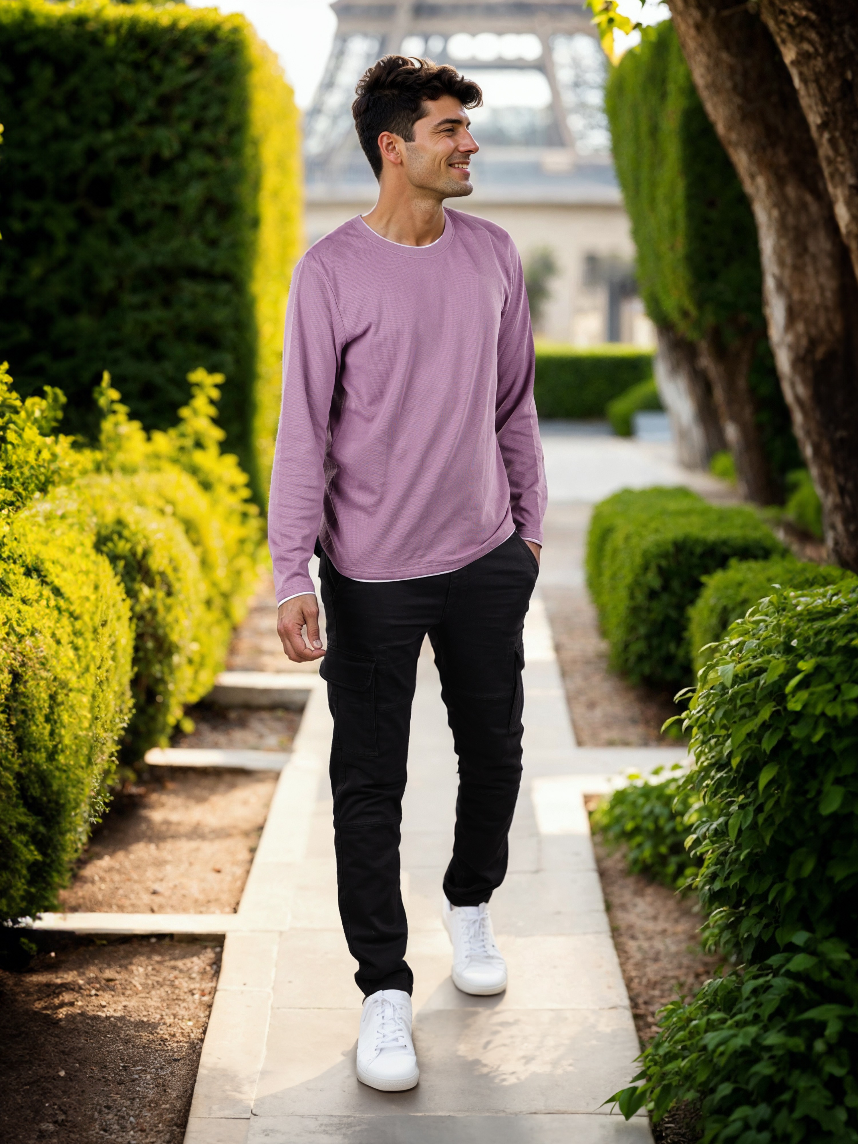 Celio Men Pink Solid Regular Fit Cotton Long Sleeves Tshirts