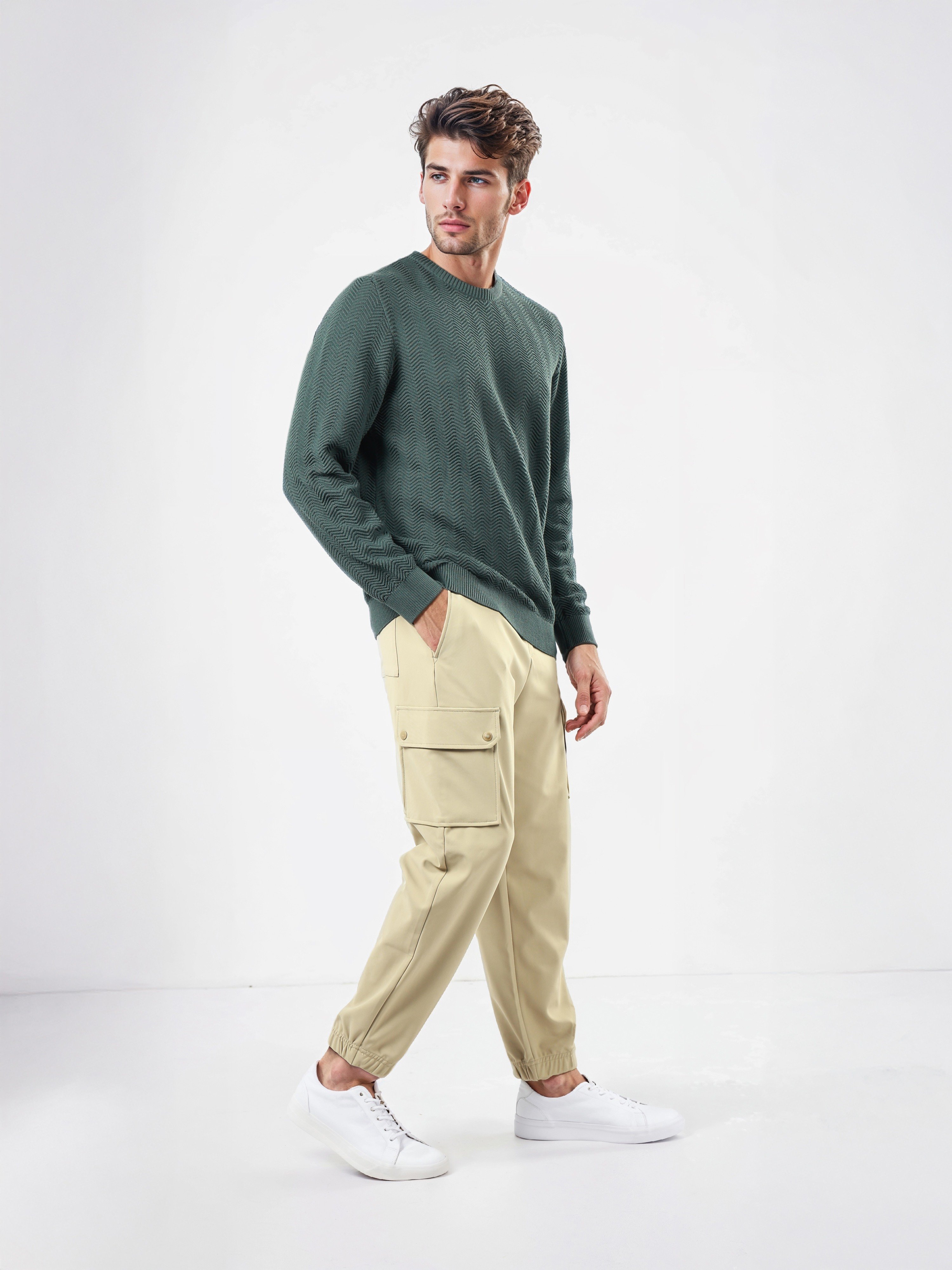 Celio Men Green Solid Regular Fit Cotton Fashion Sweater