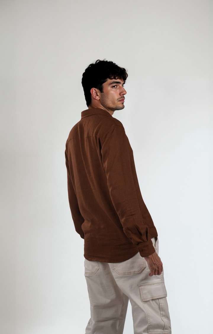Celio Men Brown Solid Regular Fit Viscose Rayon Linen Shirts