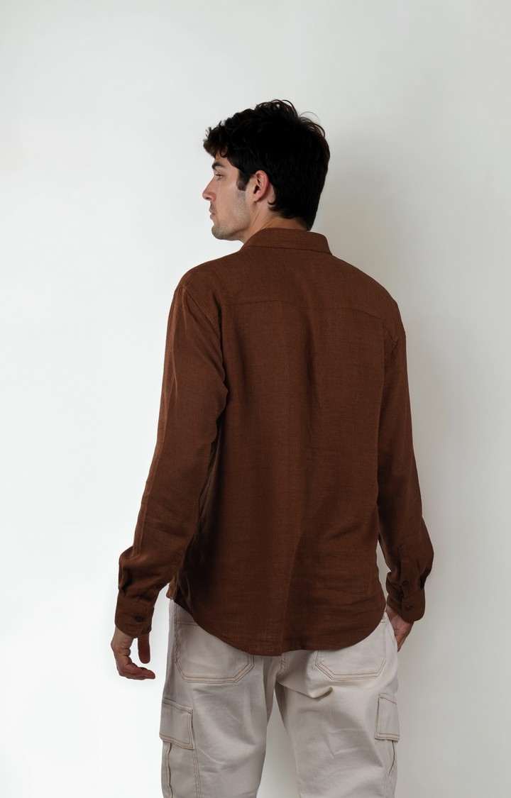 Celio Men Brown Solid Regular Fit Viscose Rayon Linen Shirts