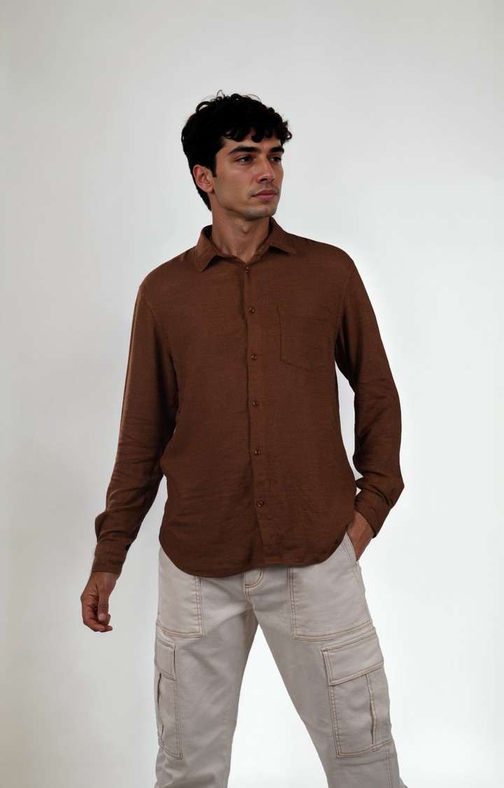 Celio Men Brown Solid Regular Fit Viscose Rayon Linen Shirts
