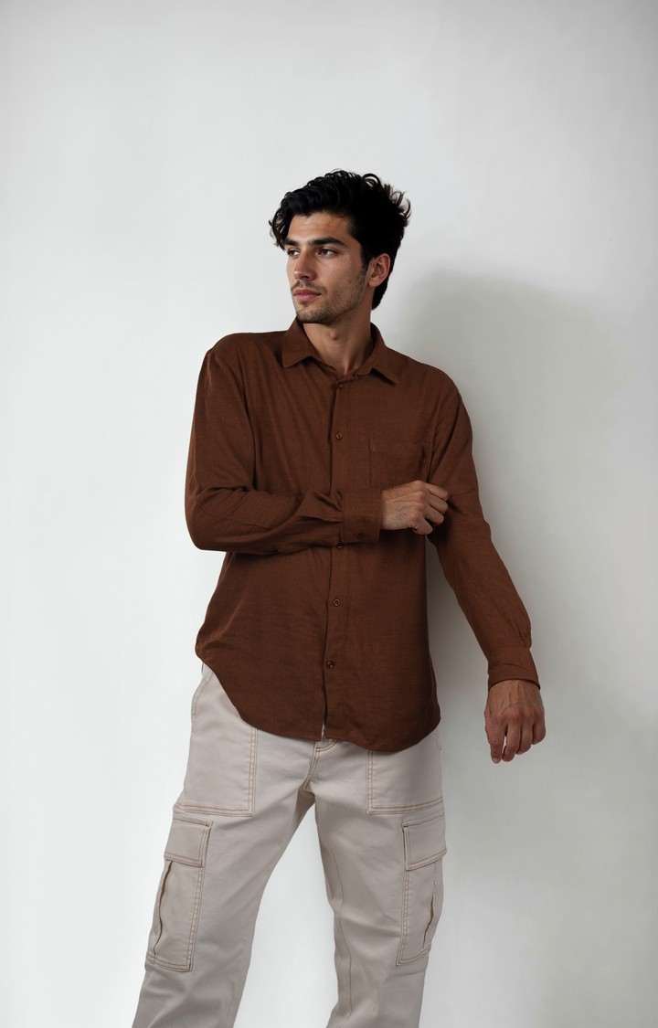 Celio Men Brown Solid Regular Fit Viscose Rayon Linen Shirts